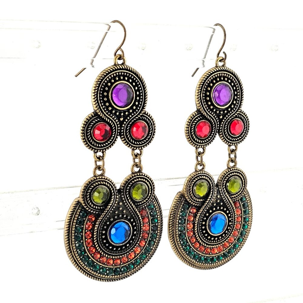 Boho Multicolor Rhinestone Drop Earrings Antique Gold Statement - Picture 2 of 7